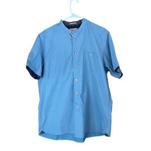 Ted Baker London Granddad Band Collar Short Sleeve Button Up Shirt Blue Cotton S